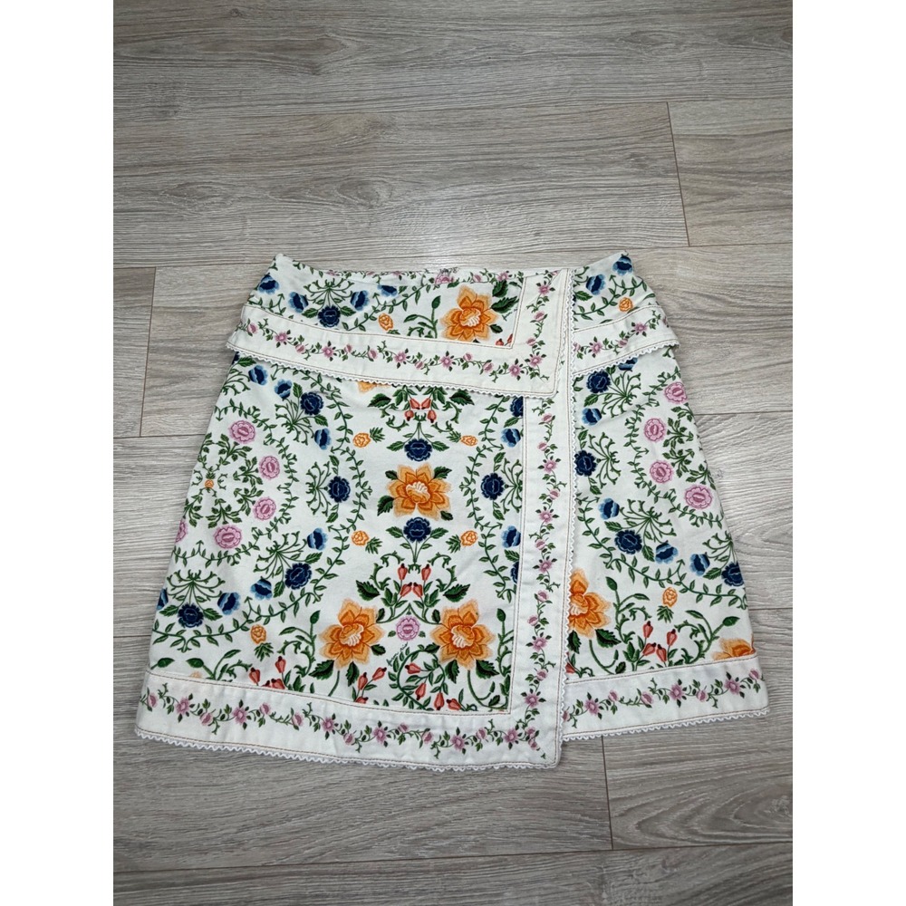 FARM Rio White Mini Skirt with Orange, Blue & Pink Floral Embroidery